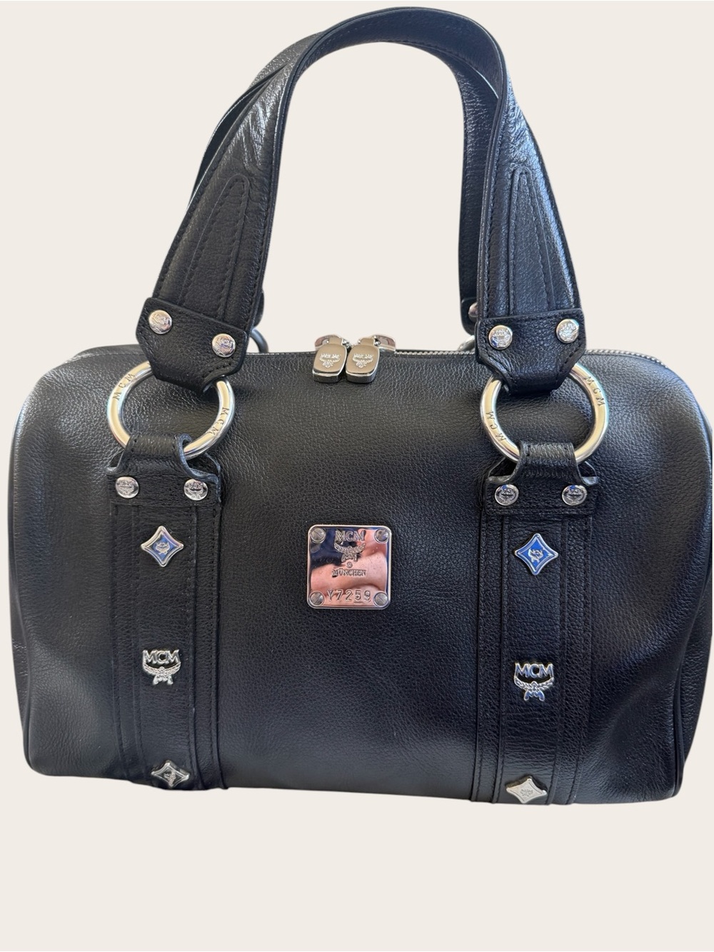 MCM Black Pebbled Leather Boston Satchel Bag Silver Hardware